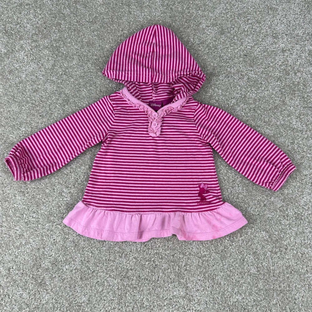 Disney Minnie Mouse Pink Striped Ruffle Hooded Top Baby Girl 12M Long Sleeve
